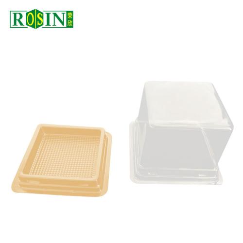 Plateaux à gâteaux en plastique transparent carré doré avec couvercle
