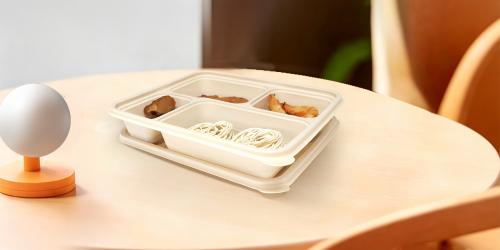 Boîte à déjeuner biodégradable personnalisée à base d'amidon de maïs compatible micro-ondes, 1100 ml, boîte bento à 4 compartiments avec couvercle