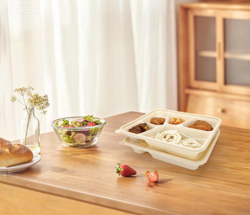 Boîte alimentaire jetable personnalisée en PP à base d'amidon de maïs, biodégradable et écologique, avec couvercle, à 6 compartiments