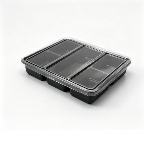 Boîte-repas noire jetable personnalisée Rosinpack à 7 compartiments avec couvercle transparent en OPS