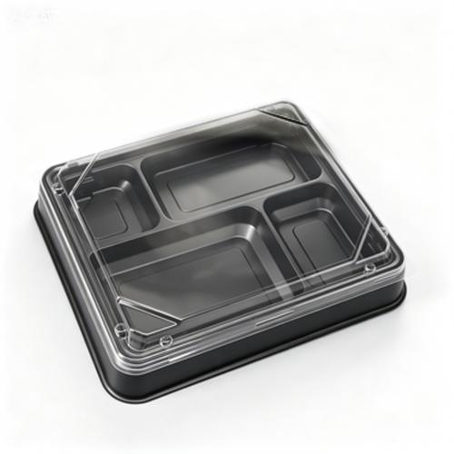 Boîte-repas personnalisée jetable noire en PP à 4 compartiments avec couvercle transparent en OPS, boîte d'emballage à emporter
