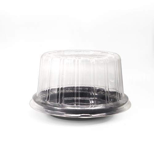 Boîte à gâteau sous vide ronde jetable personnalisée en PS pour pâtisserie, avec base noire intégrée en dentelle et couvercle transparent avec emplacement pour les doigts